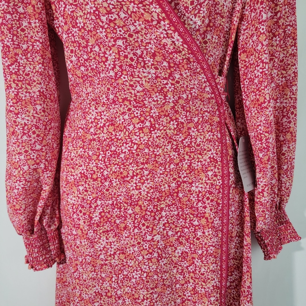 NWT MAX STUDIO Red Dott Print Wrap Midi Dress Size M Smocked Cuff Long Sleeve - Picture 4 of 12